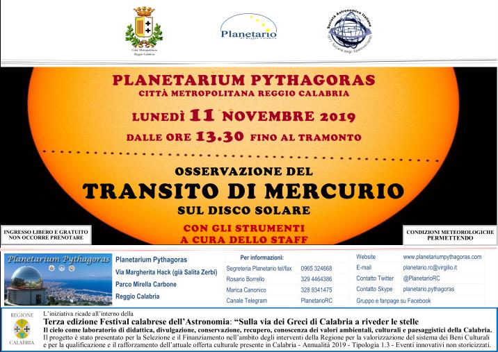 Domani l'eclissi solare per il passaggio di Mercurio, il Planetarium Pythagoras pronto all'evento