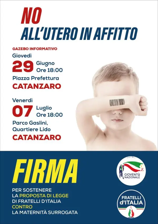 "No all’Utero in affitto", a Catanzaro la raccolta firme di Fratelli d'Italia