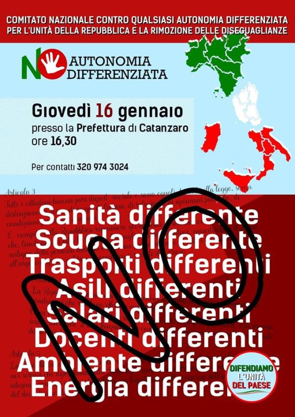 "No all'autonomia differenziata", giovedì il presidio davanti alla Prefettura di Catanzaro