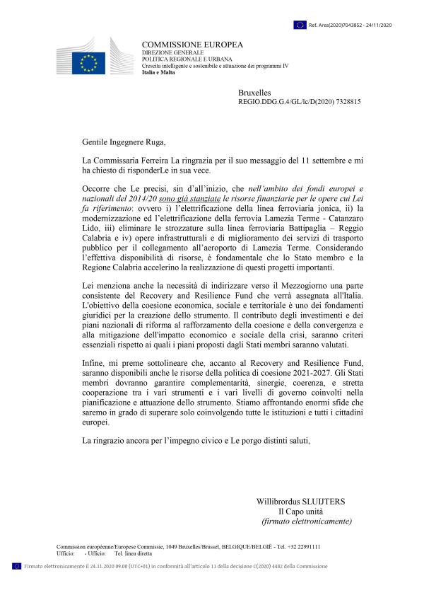 Stazione di Catanzaro Sala. La Commissione Ue risponde al comitato: "Servono progetti delle istituzioni locali"