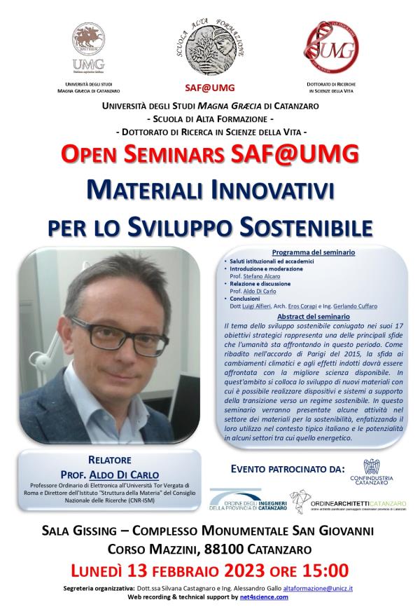 Alta Formazione UMG, primo incontro con Aldo Di Carlo su "Materiali Innovativi per lo Sviluppo Sostenibile"