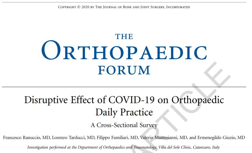 Gli effetti del CoVid-19 sui pazienti ortopedici: uno studio dell'èquipe di Villa del Sole sulla rivista internazionale “Journal of Bone & Joint Surgery ”