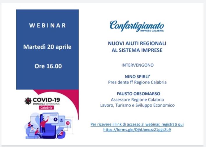 images “Nuovi aiuti regionali a sostegno del sistema imprese”, il tema del webinar di Confartigianato Imprese Calabria  